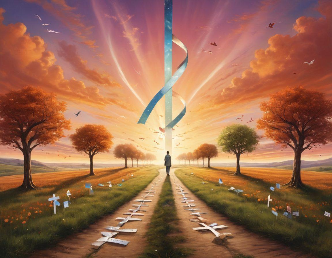 A serene and hopeful landscape depicting a person standing at a crossroads, surrounded by symbols representing various treatment options for malignancies, such as ribbons for awareness, medical symbols, and open books for knowledge. The sky is a blend of warm colors symbolizing courage, while soft light shines on the path ahead. The scene evokes a sense of determination and hope. super-realistic. vibrant colors. inspirational.