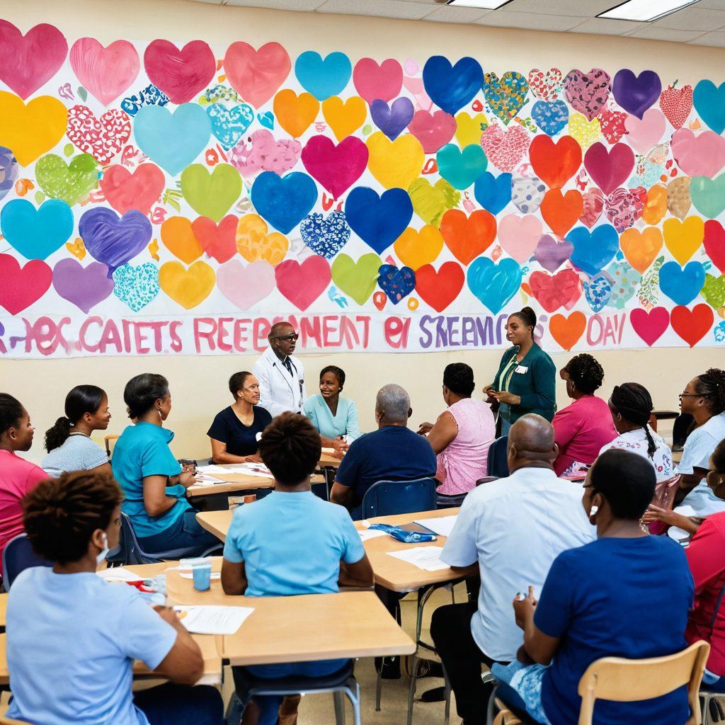 A diverse group of patients and advocates gathered in a bright, welcoming community center, sharing stories and support. Bright banners promoting cancer awareness and prevention adorn the walls. People of various ages and backgrounds engage in discussions, reflecting hope and empowerment. In the foreground, a large heart-shaped collage made of cancer awareness ribbons symbolizes unity and strength. Painting style, vibrant colors, uplifting atmosphere.