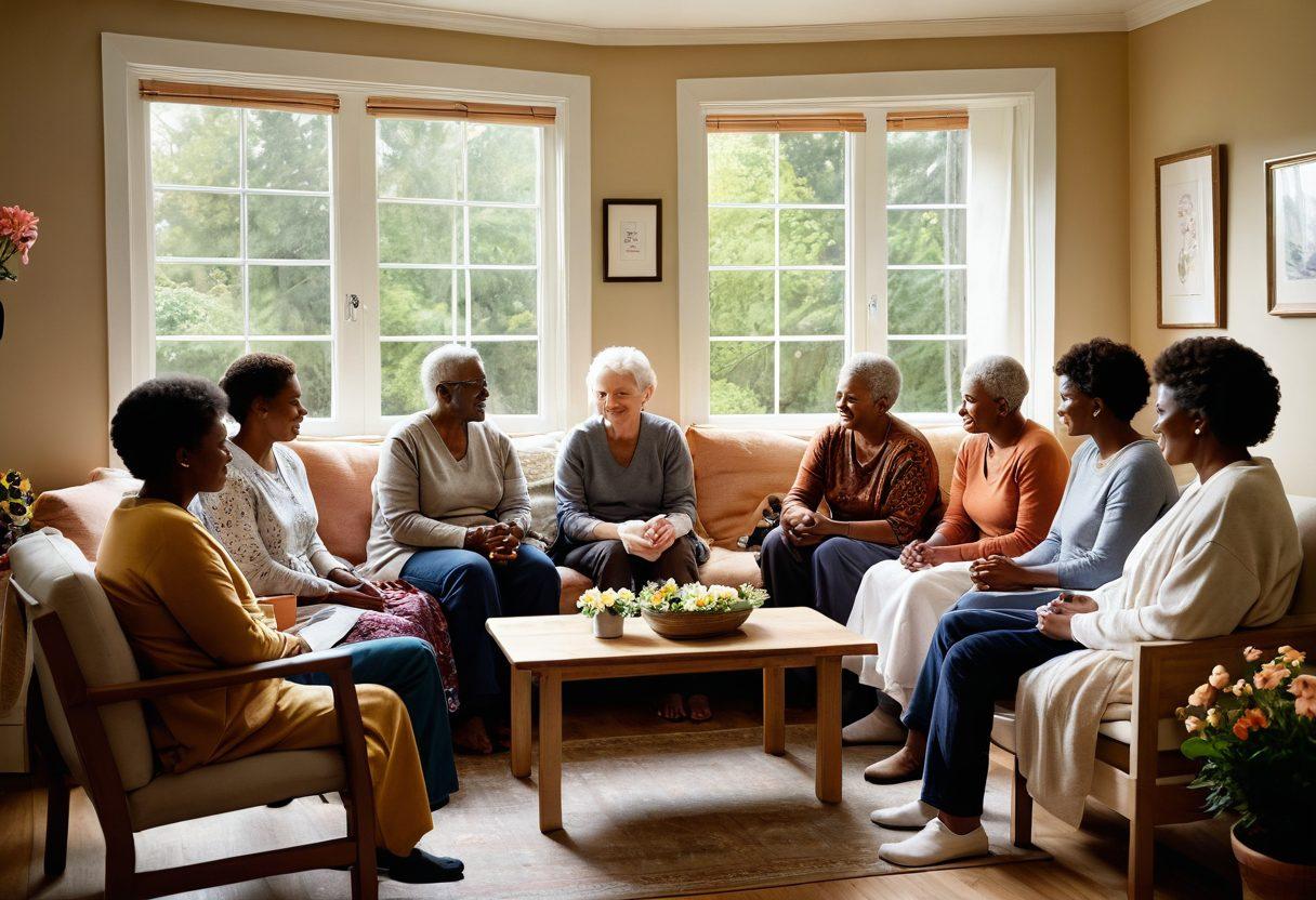 A compassionate scene depicting a diverse group of people gathered in a cozy, warmly lit room, sharing stories and support, with a central focus on a patient and caregiver holding hands. Soft flowers and comforting items like blankets are visible to add a homely touch, while an open window shows a peaceful garden outside, symbolizing hope. Friends and family members are engaging in conversation, laughter, and empathy, amplifying the theme of companionship in battling cancer. super-realistic. warm colors. inviting atmosphere.